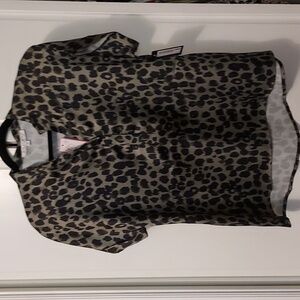 Animal Leopard Print Shirt Olive Black Split Neck Short Sleeve Blouse